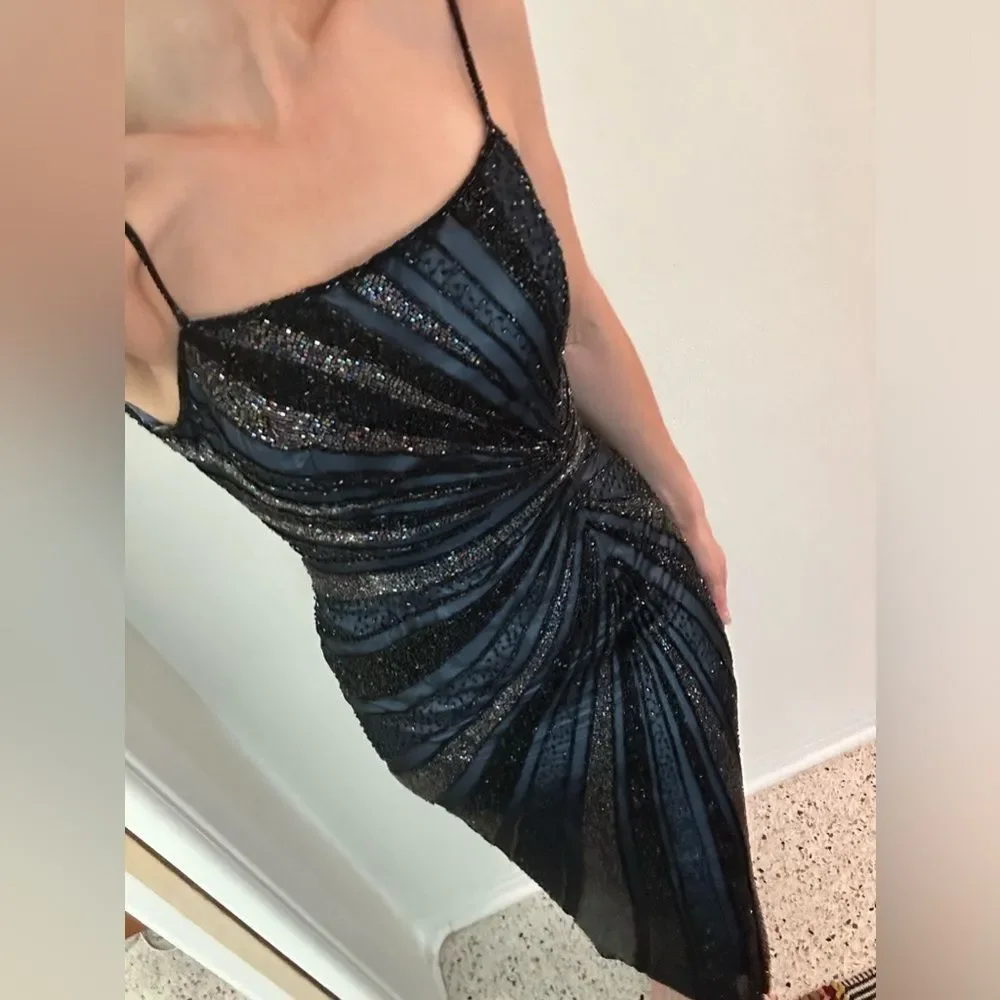 Mia Bella black heavy beaded low back gown dress spaghetti strap 4